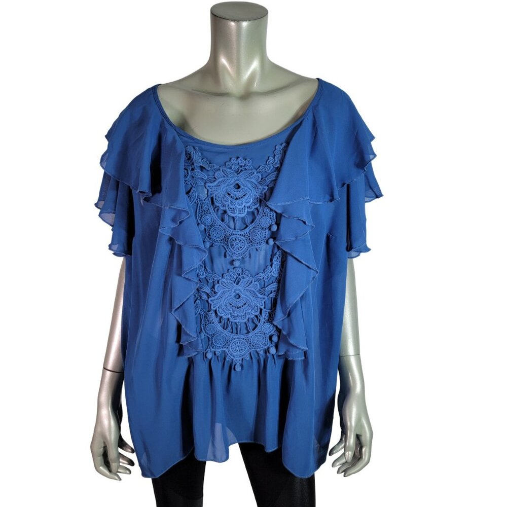Denim 24/7 Top Plus Size 22W /Short Flutter Sleeve Ruffles Pullover Sheer Blue